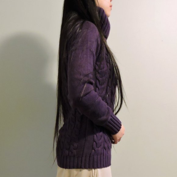 Banana Republic Wool Cashmere Purple Turtleneck Cable Knit Sweater, Size S - Picture 5 of 10